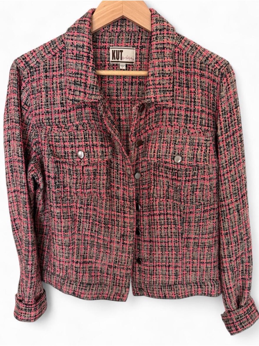 Kut from the Kloth Pink and Black Tweed Button-Front Blazer
